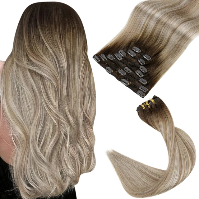 VeSunny Clip in Hair Extension Human Hair Ombre Blonde Remy Seamless Hair Extension Human Hair Brown Balayage Natural Human Hair 3-8-22