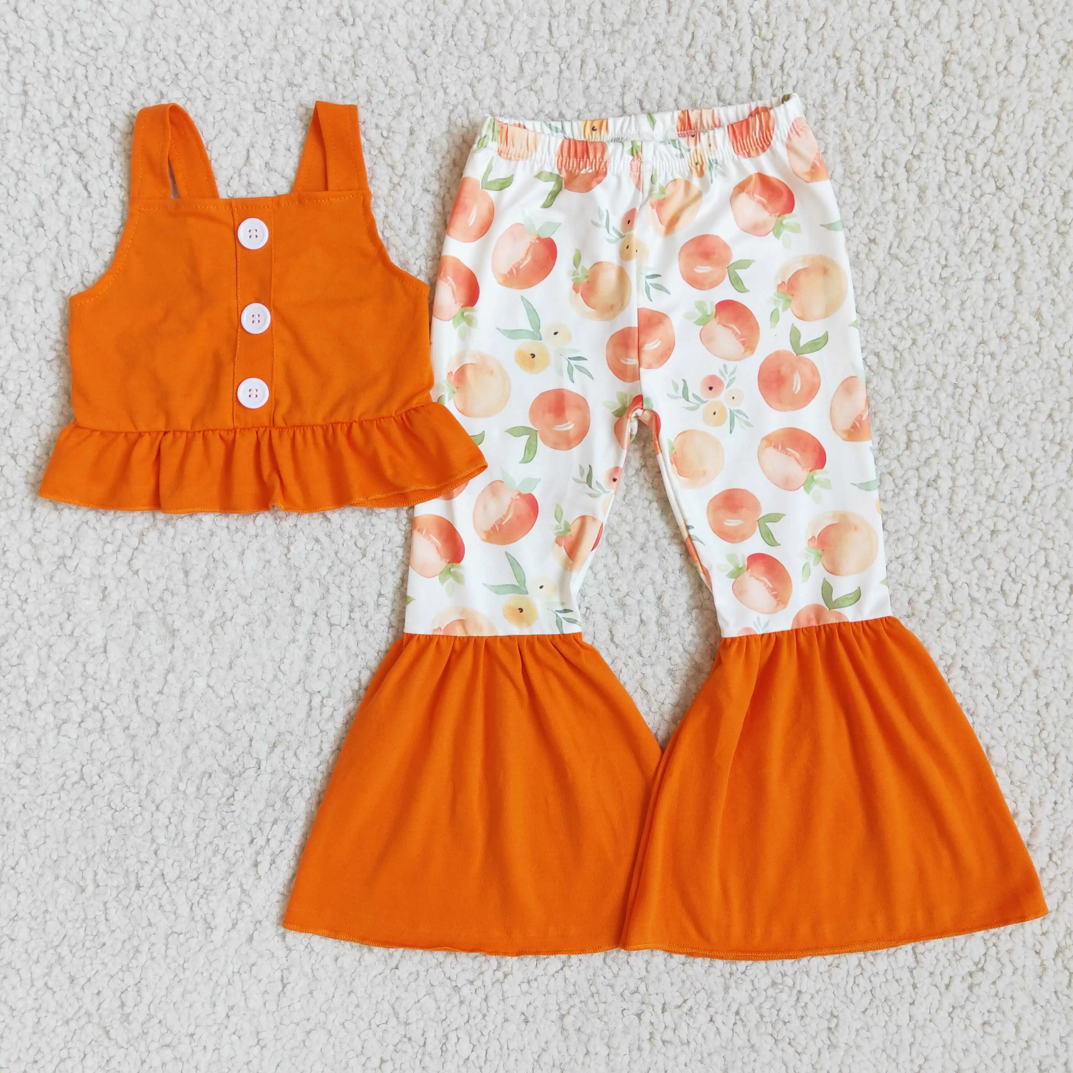 Girl's crop outfit orange sleeveless strap top bell bottom sets |