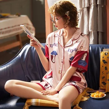 

Pink Print Pyjamas Suit Women Shirt&Shorts Summer Satin 2PCS Sleepwear Female Pajamas Sets Short Sleeve Sleep Set Home Clothes