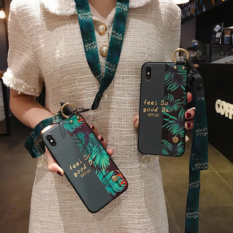 Wrist Strap Phone Case for Huawei P30 Lite P40 P20 P Smart Z Plus Mate 10 20 30 Pro Y7 Y9 Prime 2019 Leaf Plants Ring Cover | Мобильные