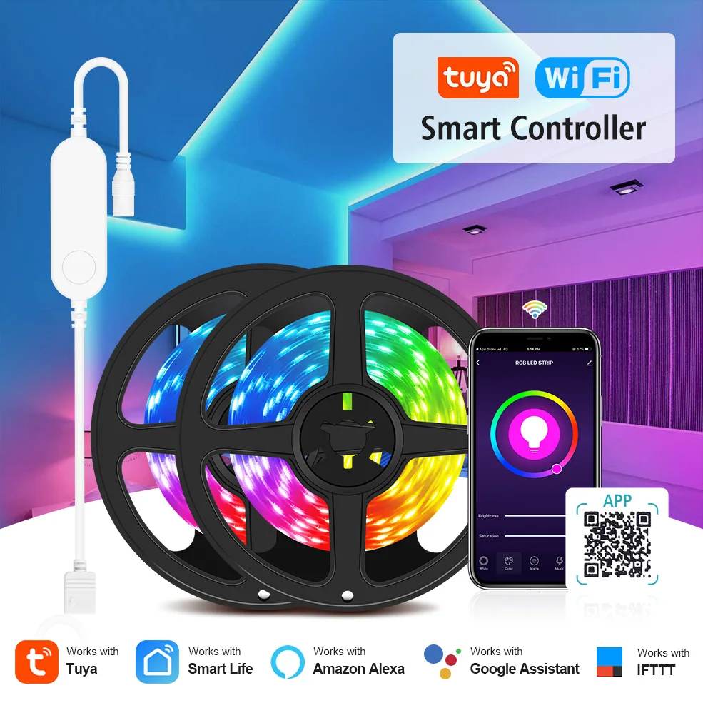 US $15.99 Tuya Smart WIFI LED Strip Work With Alexa Google Assistant Voice Control RGB LED Lights Strip 5M 10M 15M 20M Led Ribbon Tape