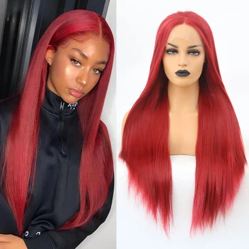 

RONGDUOYI Heat Resistant Fiber Cosplay Wig Synthetic Lace Front Wigs for Women Long Silky Straight Wig Red Glueless Lace Wigs