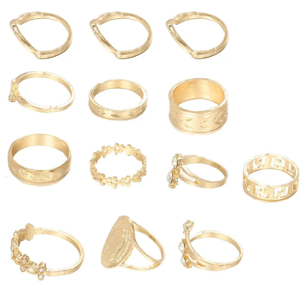 Gold Rings Finger Rings Set Women Crystal Geometric Retro Knuckle Ring Jewelry Gift