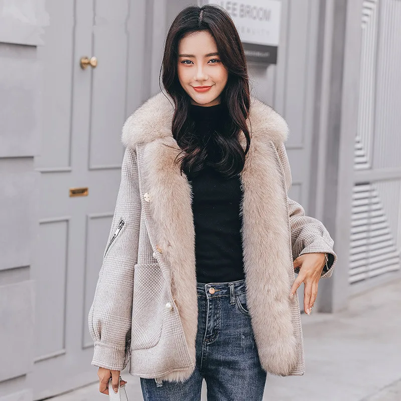 

Real Fur Coat Female Natural Rabbit Fur Liner Wool Coat 2020 Autumn Winter Jacket Women Fox Fur Collar Coats MY