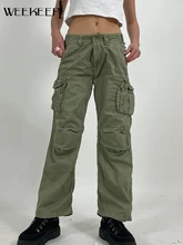 Weekeep Grunge Y2k Multi-Pocket Jeans Women Streetwear Low Waist Basic Patchwork Straight Denim Cargo Pants Korean Casual Jeans