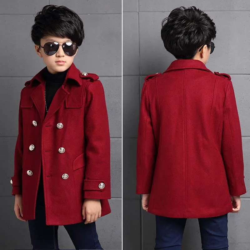 Kid Boys Woollen Cloth Coat Children's Double Breasted Thick Coat Winter Windbreaker Children's Fashion Warm Clothes 5-16 Years