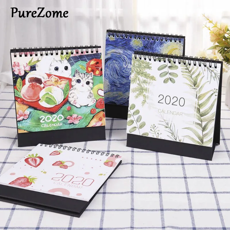 

2020 Colorful Pattern Desktop Standing Paper Double Coil Calendar Memo Daily Schedule Table Planner Yearly Agenda Organizer