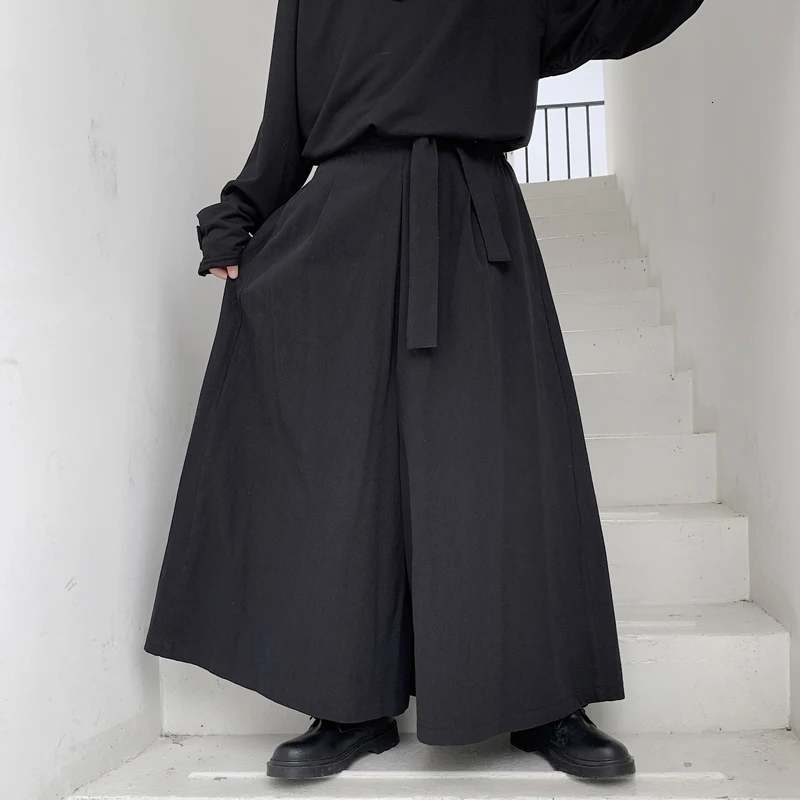 Male Women Streetwear Hip Hop Punk Gothic Ribbon Harem Skirt Trouser Men Japan Style Loose Casual Black Kimono Wide Leg Pants