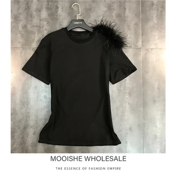 

Mooishe Women T Shirt Shoulder Feather 2020 Summer Round Neck Solid Color Street Trend Short Sleeve T-shirt Woman