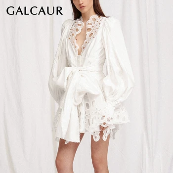 

GALCAUR Korean Hollow Out Dresses Female V Neck Lantern Long Sleeve High Waist Lace Up Sashes Mini Dress Womens 2020 New Clothes