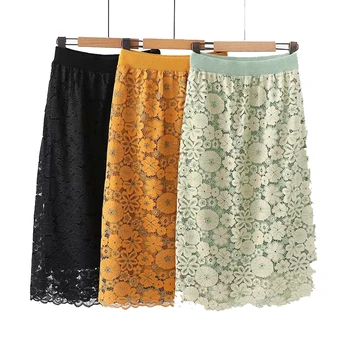 

Women's Skirt 2019 Autumn Korean Sweet Wild High Waist Bag Hip Lace Hook Flower Hollow Elastic Waist Long Skirt
