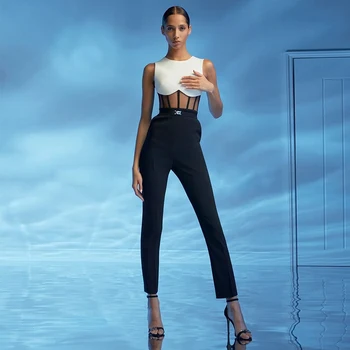 

2020 New Elegant Women Bandage Jumpsuits Sexy Sleeveless Hollow Out Casual Wide Legs Black Straight Evening Club Jumpsuits
