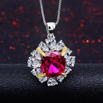 

925 sterling silver necklace for women Square Synthetic red ruby garnet Gemstone pendant vintage luxury wedding party jewellery