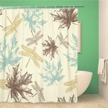 

72x78 Inches Shower Curtain Pattern of Autumn Maple Leaves and A Dragonfly Hand Drawing Fall Leaf Vintage Flower Waterproof