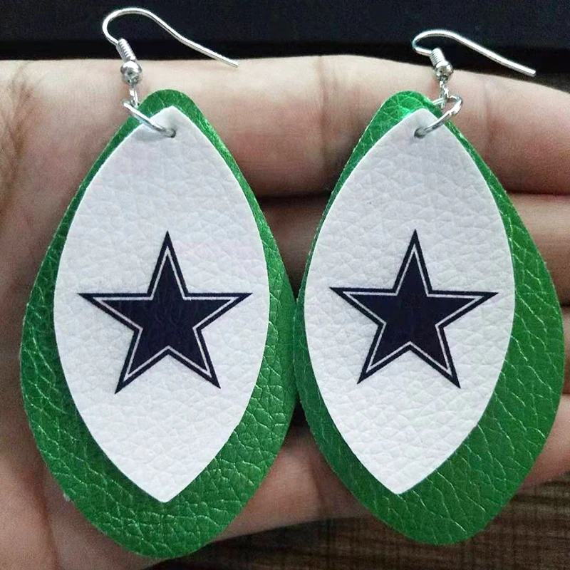 New! Dallas Cowboy Double Layer Glitter Football Fans Faux Leather Earrings Fahion Teardrop Leaf Earrings We Can Customize Stock