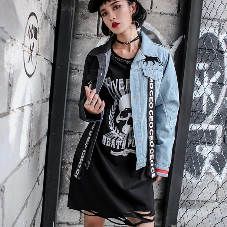 

Denim Jacket 2019 Spring And Autumn Students Contrast Color Versatile Printed Harajuku BF Style Hip Hop Long Sleeve Turn-down Co
