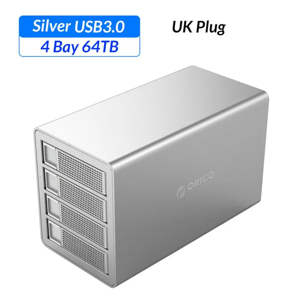 Док-станция ORICO 4 Bay для HDD, 64 ТБ, с двумя чипами, 150 Вт, чехол для встроенного жесткого диска, для 2,5, 3,5 дюймовых жестких дисков - Цвет: Silver UK Plug