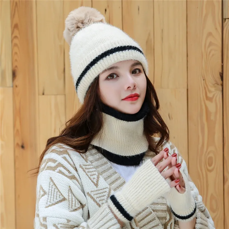 BEIGE WITH GLOVE Мужская зимняя шапка воротник шарф наборы перчаток хлопок Модная вязаная шерстяная шапка шейный платок с маской плюшевые теплые женские шапки перчатки набор - Цвет: BEIGE WITH GLOVE