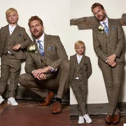 Father And Son Men Suits Vintage Wedding Tuxedos 3 Pieces Slim Fit Formal Cocktail Party Groom Plaid Brown Suits Custom Made