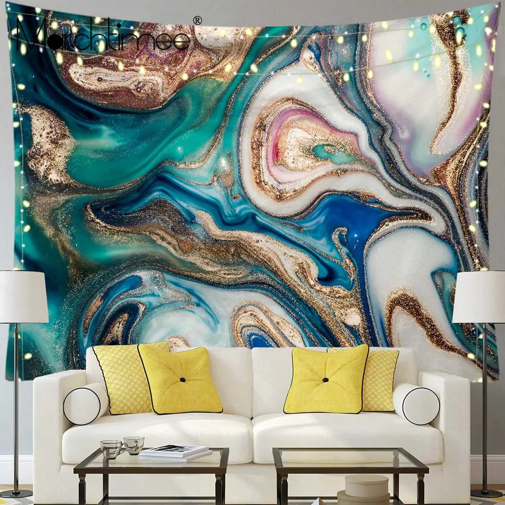 Boho Psychedelic Marble Abstract Tapestry Gold Foil Colorful Sand Beach Throw Rug Yoga Mat Blanket Hippie Wall Hanging Tapestry