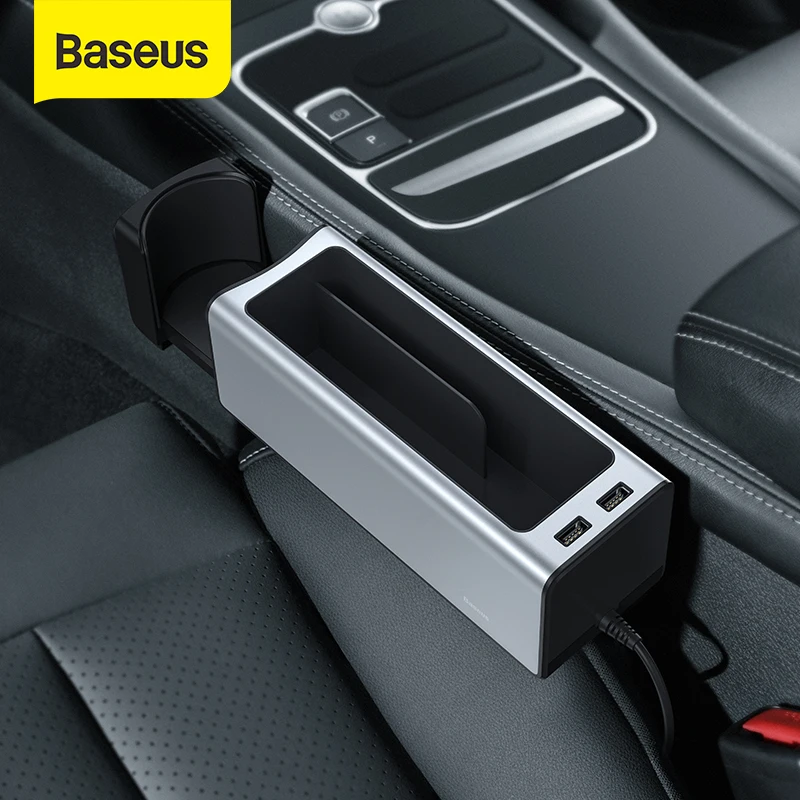 Baseus Car Seat Organizer Metal Storage Box With Dual USB Ports For Cup Holder Center Console Organizer For Car