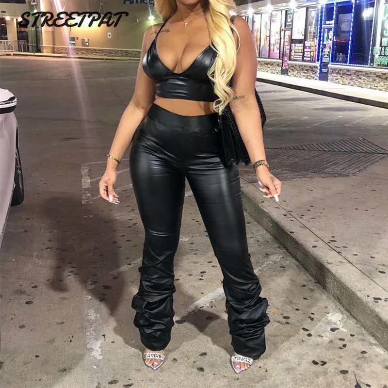 

Solid PU Stacked Sweatpants Women High Waist Leather Pants Harajuku Goth Skinny Flare Trousers Streetwear Pantalones Mujer