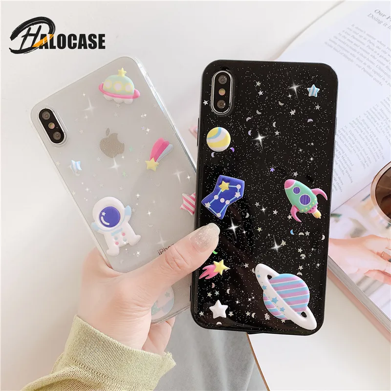 

Epoxy TPU Phone Cases For iPhone 7 8 6 6s Plus Spaceship Astronaut Glitter Stars Space Cute Pattern Cover For iPhone XS MAX XR X