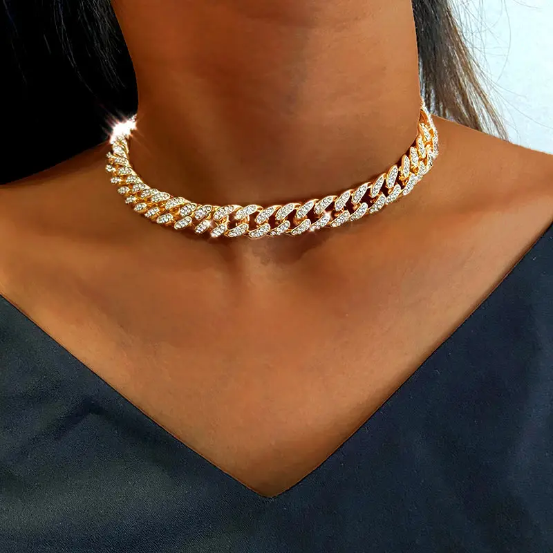 12mm Miami Cuban Link Chain Gold Silver Color Choker Necklace for Women Iced Out Crystal Rhinestone