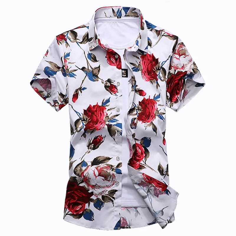 red flower white14 Мужская рубашка из хлопка, летняя модная мужская Повседневная рубашка с цветочным принтом, тонкая рубашка с коротким рукавом и цветочным принтом, Мужская одежда, тренд M-7XL - Цвет: red flower white14