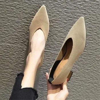 

2020 Fashion Stretchy Fabric Pumps Women Pointy Toe Med Chunky Heels Slip On Sexy V Mouth Casual Office Lady Work Shoes