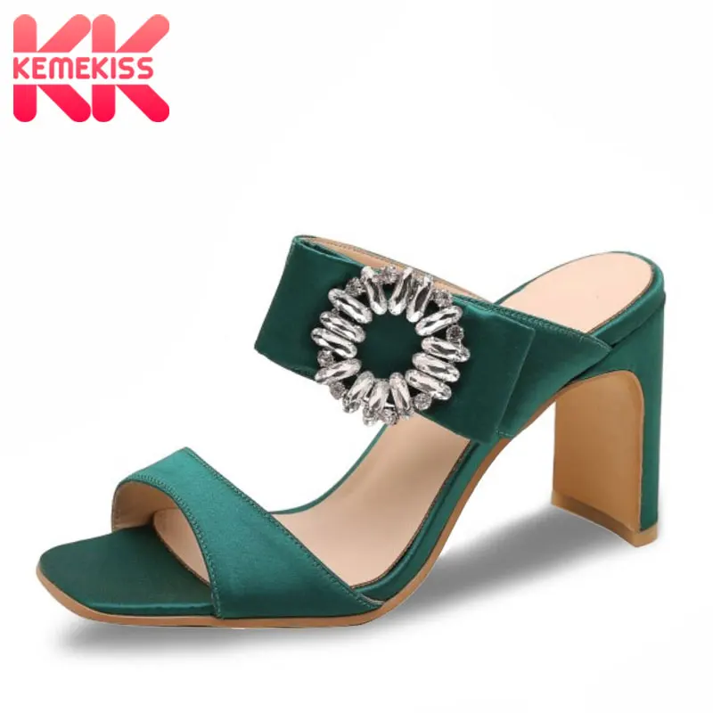 

KemeKiss Women Sandals Real Leather Crystal Metal Women Shoes Wedding Outdoor Slip On Slippers Casual Female Footwear Size 33-42