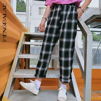 

SHENGPALAE 2020 Spring Vintage Patchwork Joggers Sweatpants Harajuku Woman Trousers Elastics High Waist Plaid Pants ZA2820
