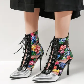 

US4-11 Womens Pointed Toe Printed Floral Ankle Boots Cut Out Lace Up Stilettos High Heel Hollow Summer Shoes 2Colors Plus Size