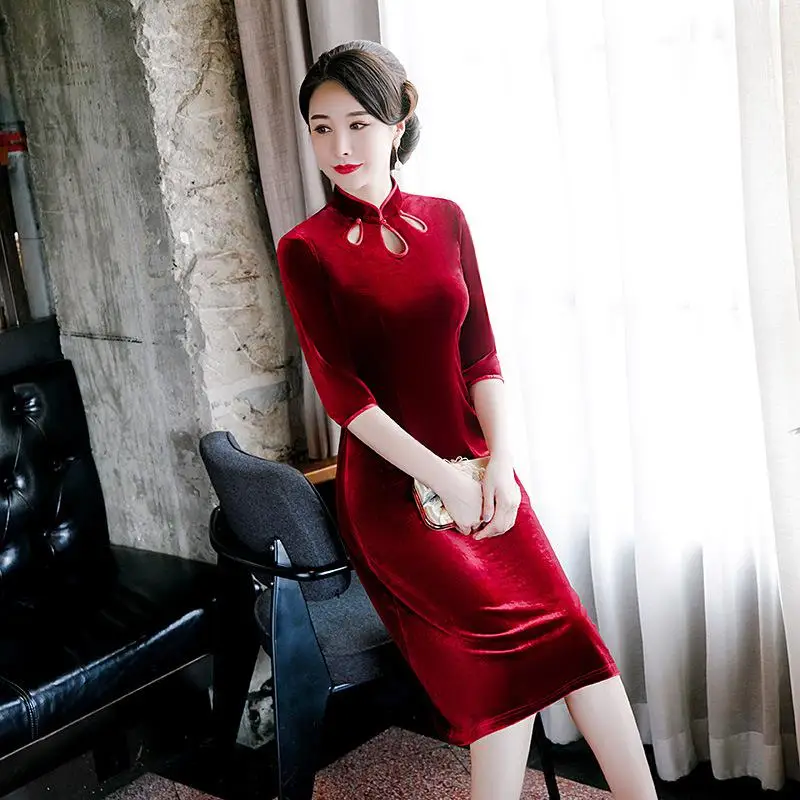 Женское элегантное бархатное вечернее платье в винтажном стиле с пуговицами больших размеров 3XL-5XL, Сексуальное Тонкое зимнее теплое платье-Ципао - Цвет: Style3 Red