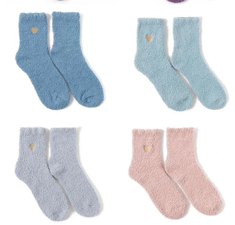 5Pairs/lot Heart print Candy Color Soft Women Fluffy Socks Coral Velvet Autumn Winter Warm Terry Towel Fuzzy Socks wholesale