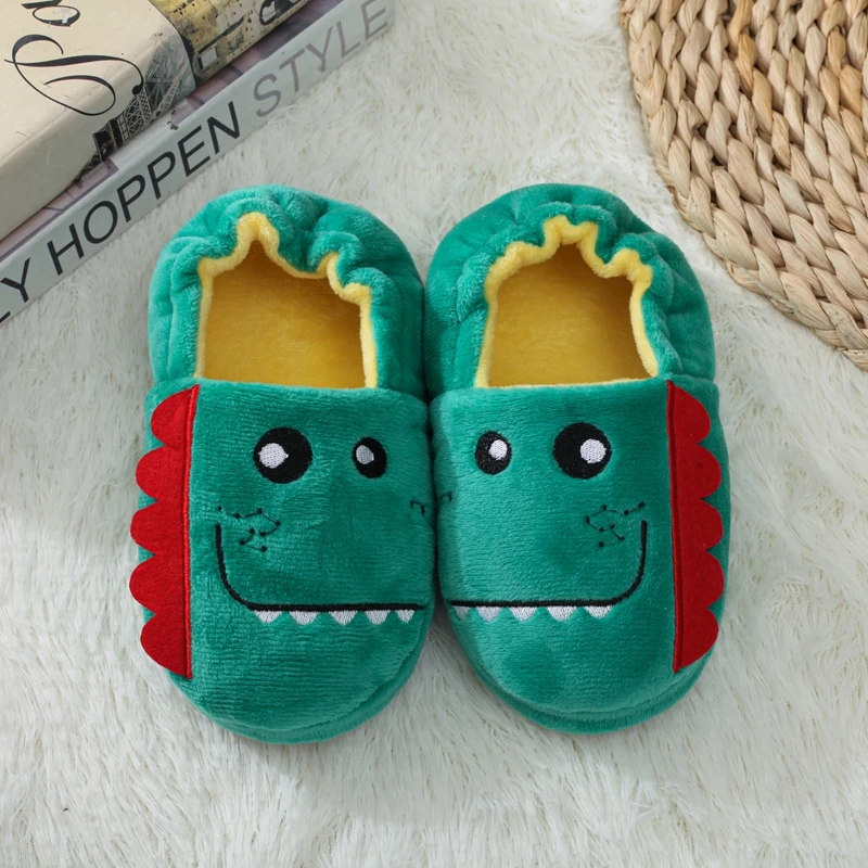

High-Quality Soft Suede Boy Cute Cartoon Animal Embroidered Rubber Sole Thermal Anti-Skid Indoor Slippers