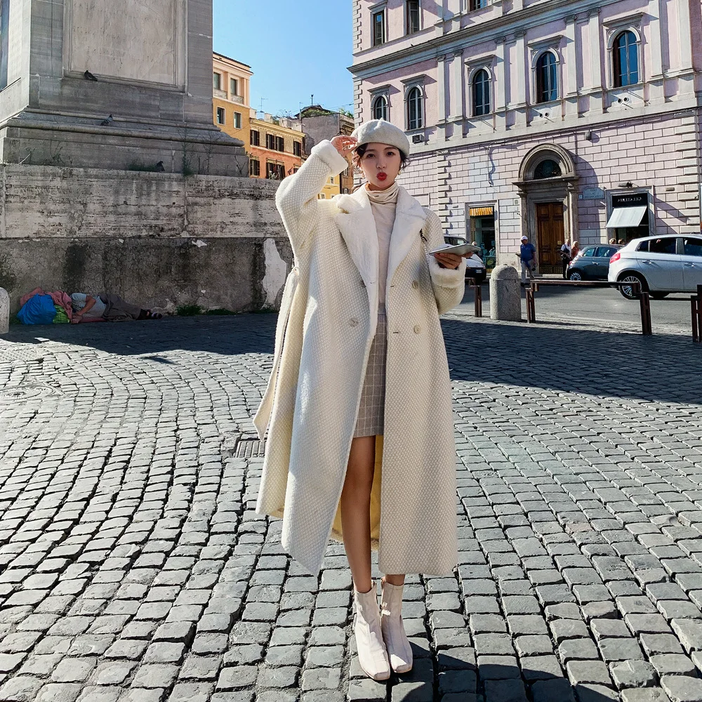 

Photo Shoot Card Rabbit Fur Collar Joint Woolen Jacket 2019 Winter New Style WOMEN'S Dress Retro British Style Waist Hugging Duf