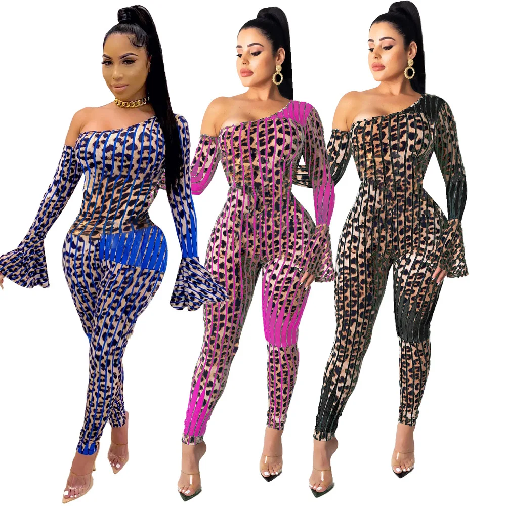 

Leopard Women Rompers Sexy Slash Neck Jumpsuits Long Flare Sleeve Autumn Skinny Night Club Party Playsuit Fitness Workout Outfit