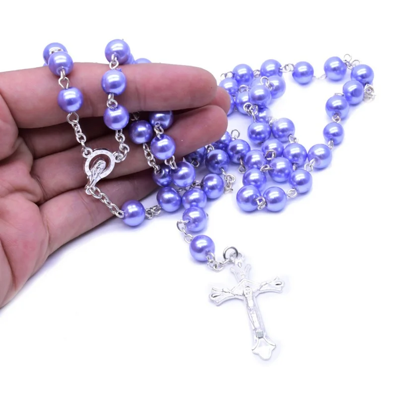 

Glass Pearl Cross Necklace Lady Purple Pearl Cross Necklace