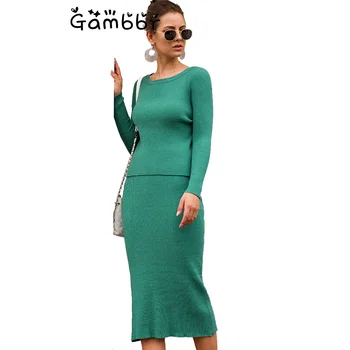 

2019 Autumn Winter Knitted Fashion 2 Piece Set Women Suits Long-sleeved Sweet Sweater Tops+Pencil Skirts 2pcs Skirt Sets Outfit