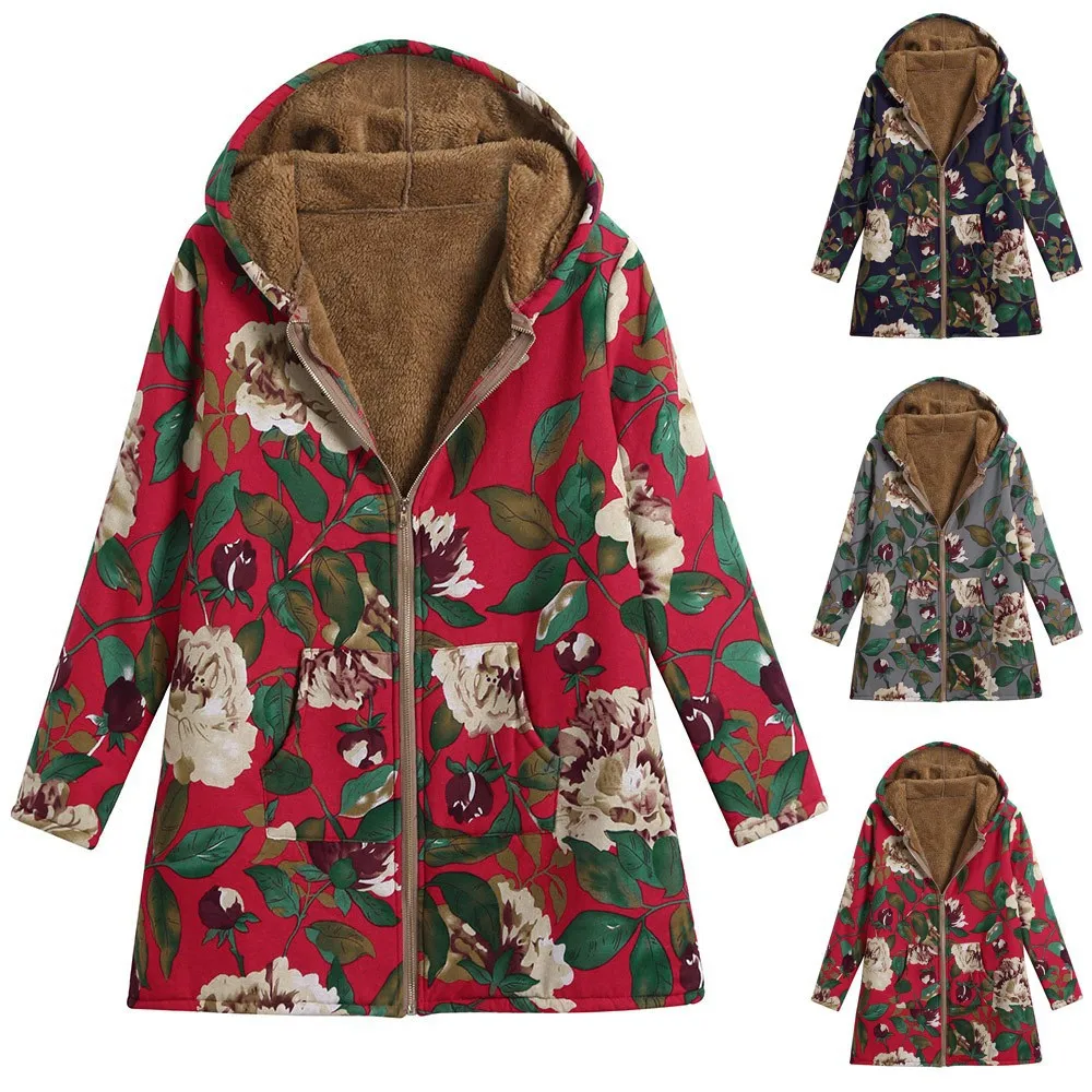 

Fashion Jacket Women's Coat Large Size Composite Plush Retro Print Large Size Hooded Coat Women's Top Autumn And Winter
