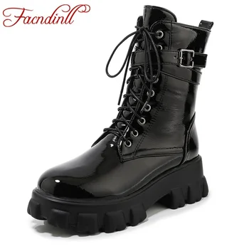 

FACNDINLL winter black patent leather women boots fashion round toe zipper ankle boots for woman warm plush autumn boots size 43