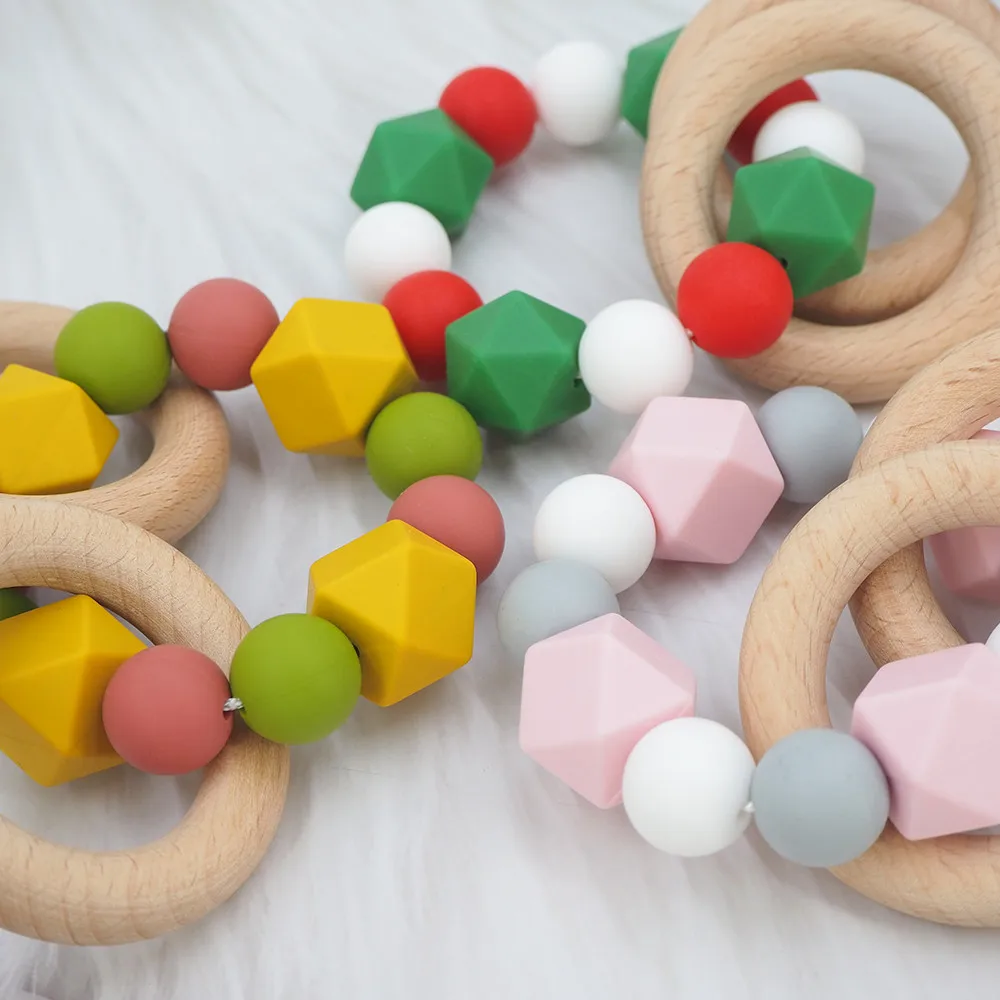 

Chenkai 5pcs Wood Silicone Teether Ring Nature Baby Rattle Grasping Fidget Toy DIY Organic Eco-friendly Wood Gift Accessories