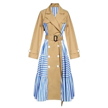 GoodliShowsi модные высококачественные женские тренчи хаки Лоскутные синие полосатые зубчатые пояса осень зима тренд пальто
