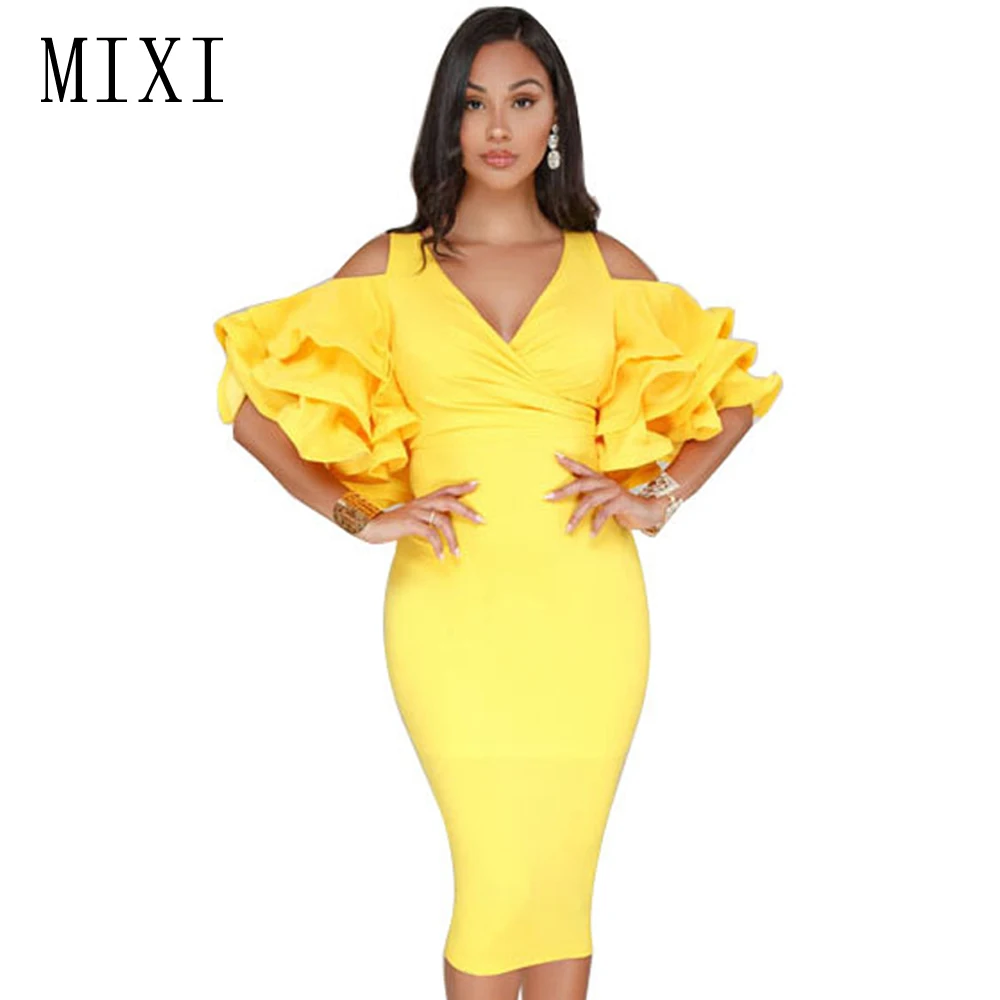 

MIXI Sexy V Neck Ruffles Sleeve Pencil Dress Cold Shoulder Elegant Evening Party Dress Casual Knee-Length Women Bodycon Dresses