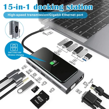 

15 in 1 USB C Hub Adapter with Wireless Charging 4K HDMI 1080P VGA PD Port RJ45 USB 3.0 2.0 for Laptop DJA88