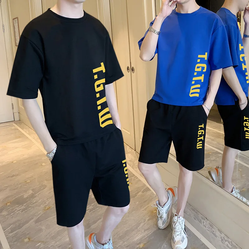 

Hong Kong Style Men Leisure Set 2019 Summer New Style Loose Short Sleeve T-shirt Straight-Cut Shorts Trend Two Pieces-