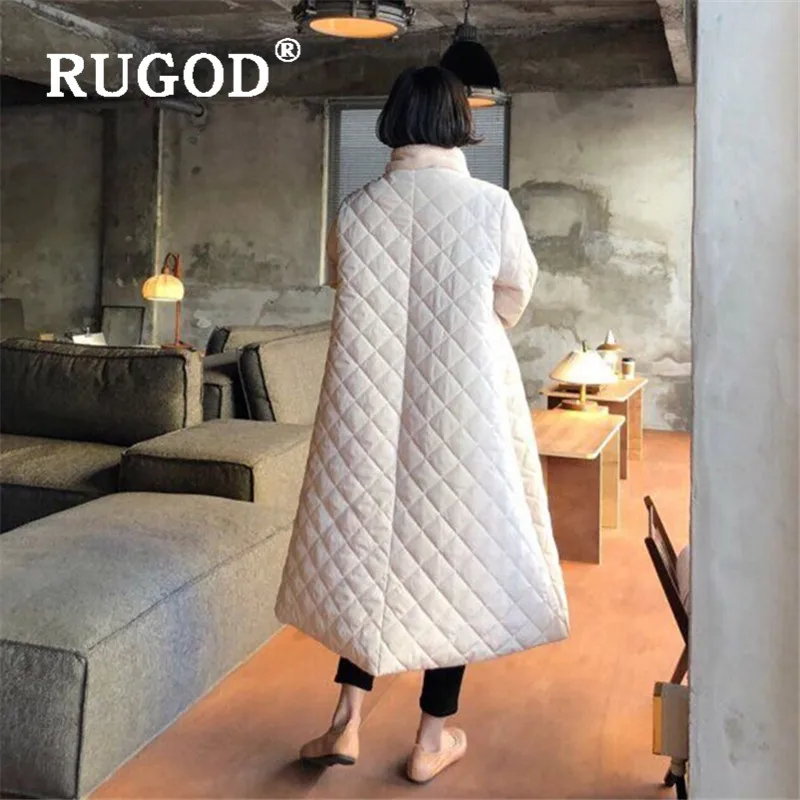 RUGOD New Winter Women Thick Cutton Coat Velvet Turn-down Collar Diamond Block Lattice Warm Long Jacket French Elegant Coat