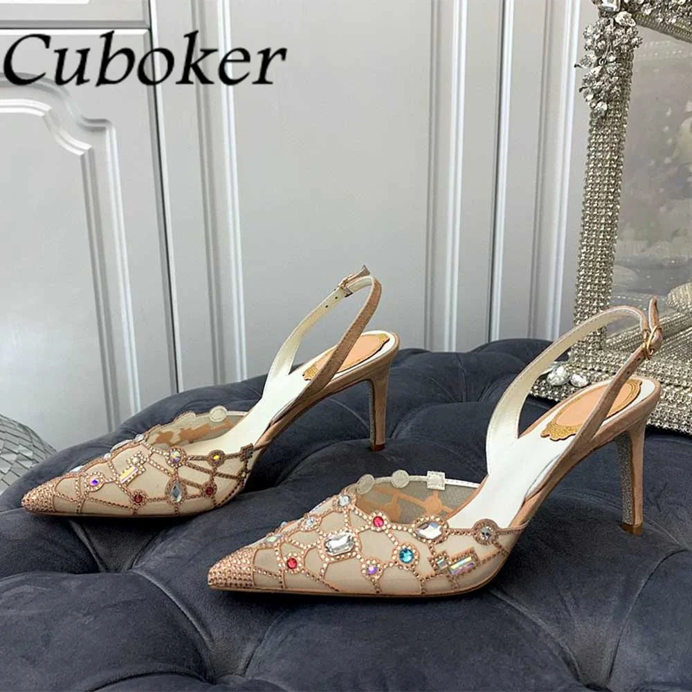 

Босоножки женские сетчатые с кристаллами, заостренный носок, высокий каблук, жемчуг, кружево, высокий каблук, дизайнерская брендовая Свадебная обувь, Новинка