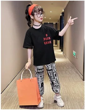 

Girls' baby summer suits, new and children's thin and light fashion alphabet printing short-sleeve beam pants children's suits